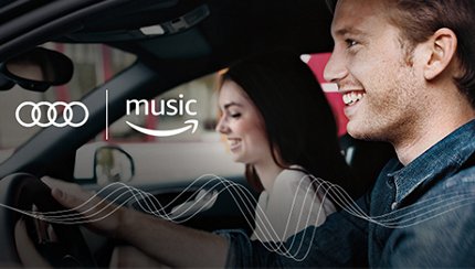 Amazon Music Couple smiling behind Amazon music logo