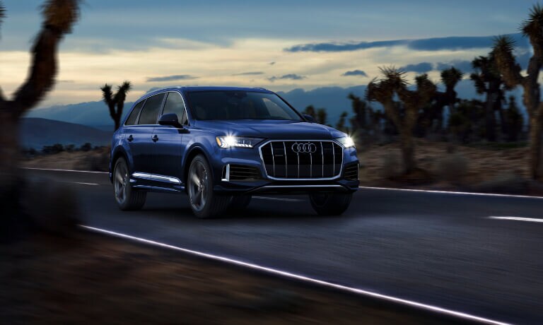 2020 Audi Q7 front view driving in the desert at night