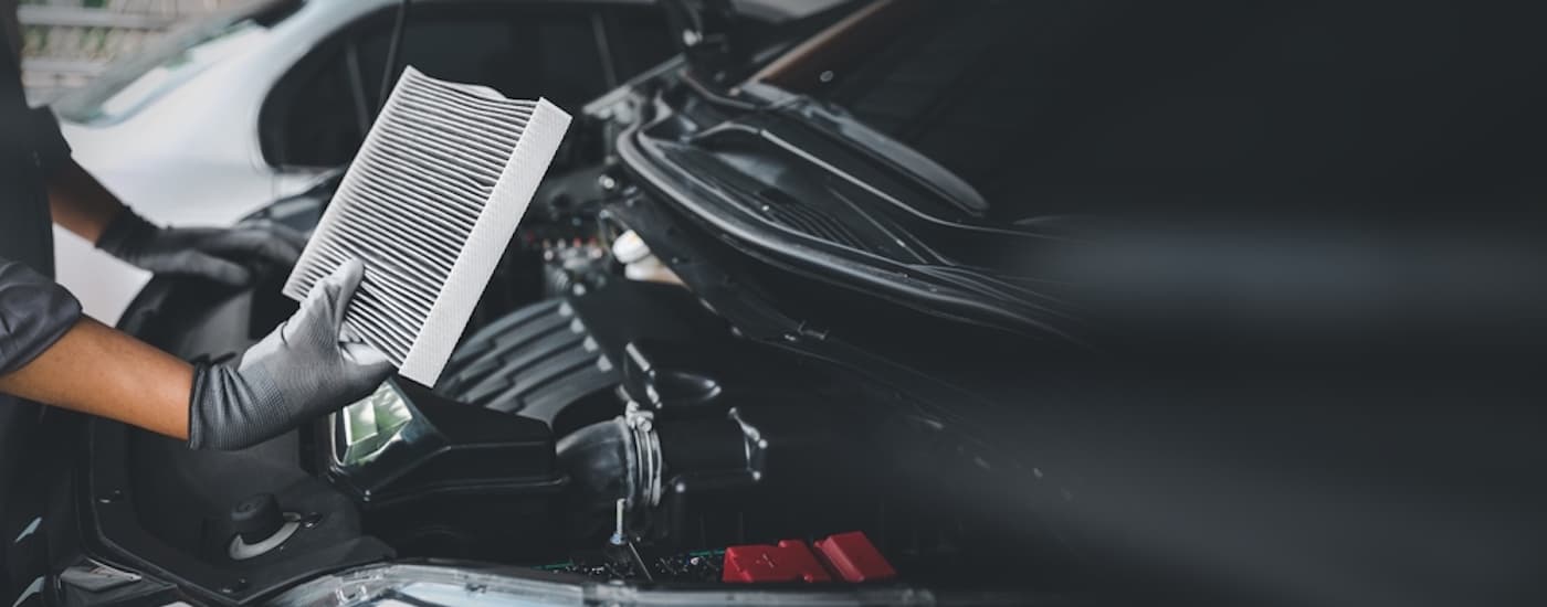 Mechanic holding an air filter near a car.