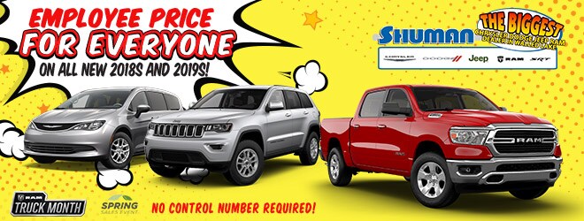 Shuman Chrysler Dodge Jeep Ram March Purchase and Lease Specials - Employee Pricing for All