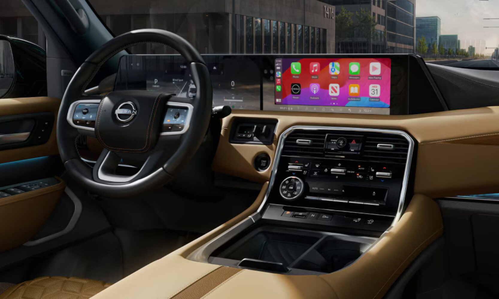 Interior image of the 2025 Nissan Armada dashboard infotainment system with city windshield views