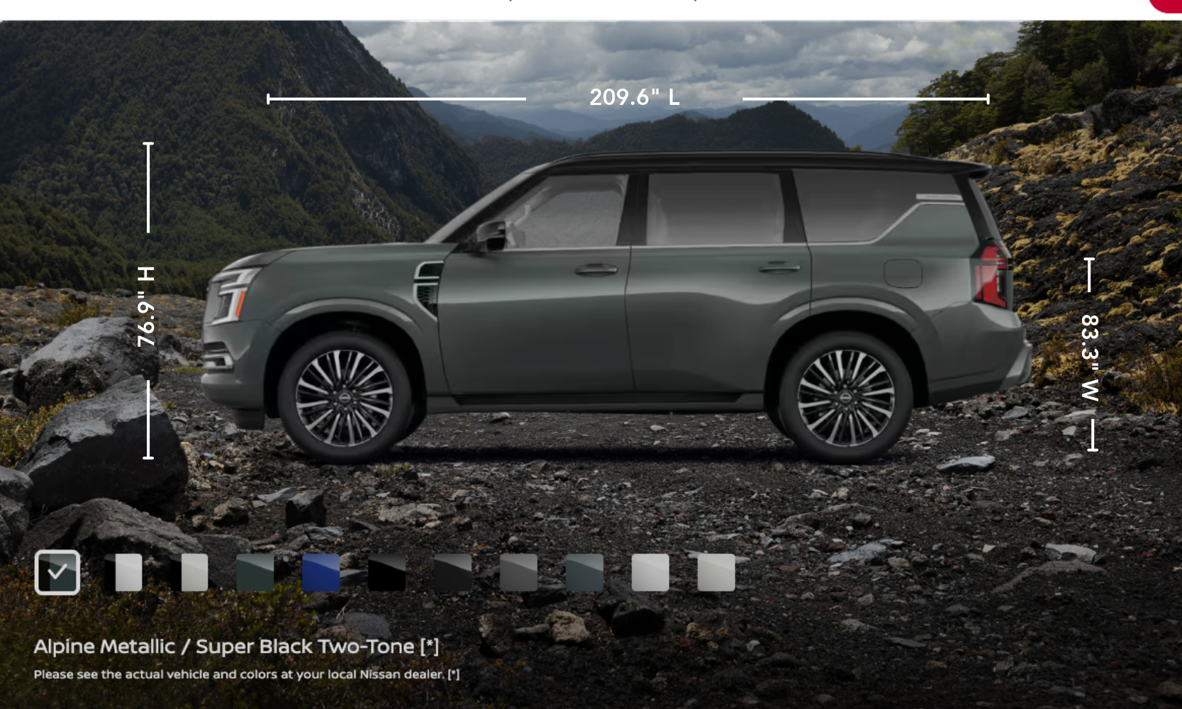 2027%20Nissan%20Armada%20Exterior%20Specs%20_%20Nissan%20of%20Silsbee%20TX.png Exterior side image graphic of the 2027 Nissan Armada paint colors and specs from the Nissan website
