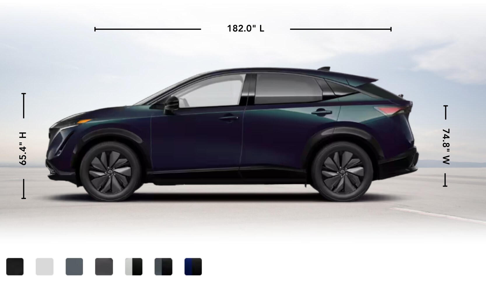 2026%20Nissan%20ARIYA%20Exterior%20Dimensions%20%20Nissan%20of%20Silsbee%20TX.png Exterior side image graphic of Canada's 2026 Nissan ARIYA with its paint options and specs displayed