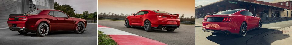 2018 Dodge Challenger vs. 2018 Ford Mustang vs. 2018 Chevy Camaro 2018 Dodge Challenger SXT Plus, 2018 Ford Mustang EcoBoost and 2018 Chevy Camaro 1LT exterior images side by side