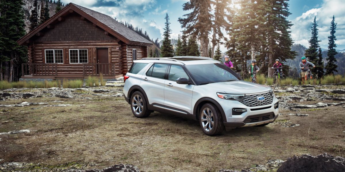 2021 Ford Explorer Platinum SUV white parked by log cabin by family on bikes_res.jpeg