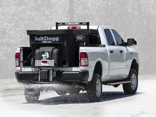 SaltDogg salt spreader mounted on a work truck
