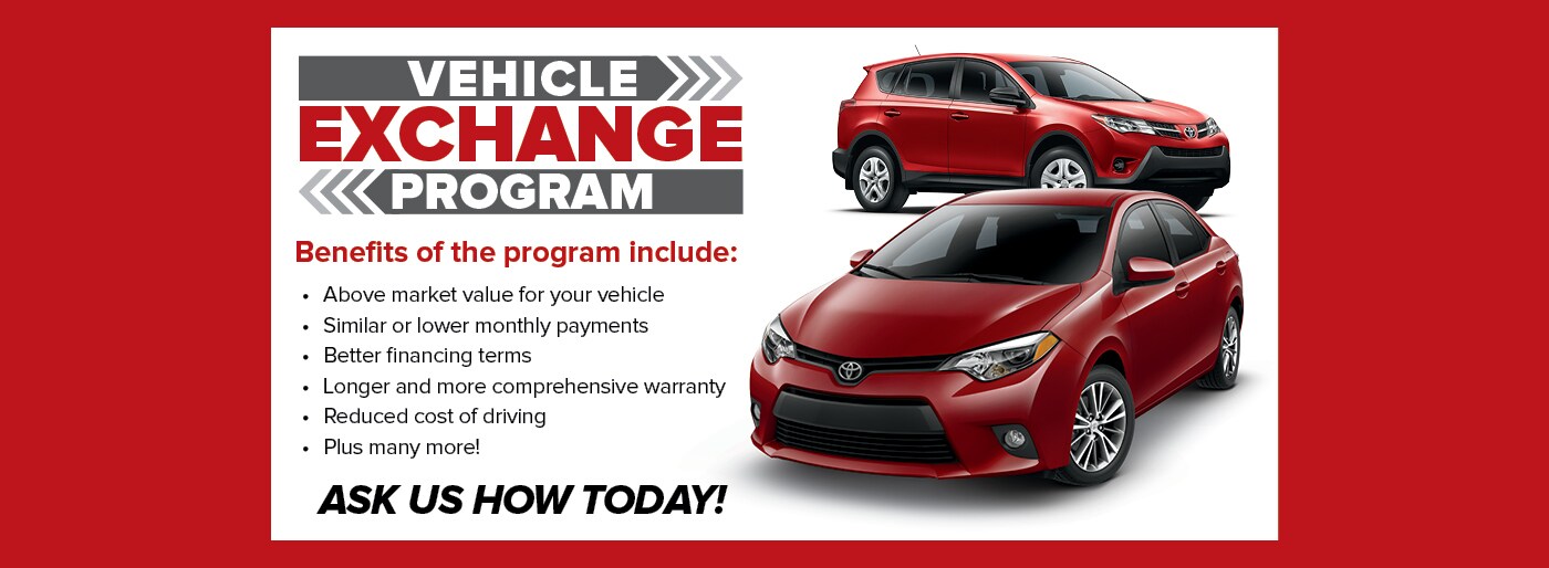 Sloane Toyota Devon Vehicle Exchange Program - trade in your used Toyota and get a new Toyota at the same or lower monthly payment - find out more about the benefits to this program and call 610-647-2300