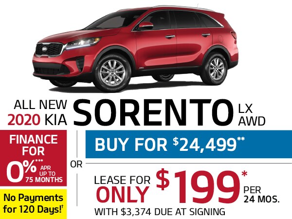 2020 Kia Sorento 0% APR for up to 75 Months plus no payments for 120 Days