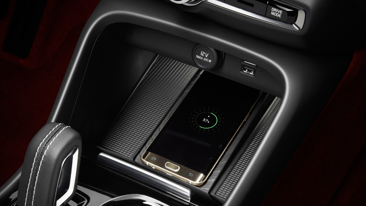 View of the wireless charging area in the center console.