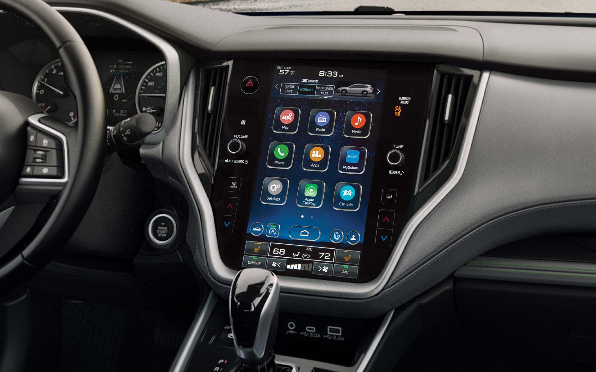 Interior view of 2023 Subaru vehicle looking out over mountainside covered in trees.