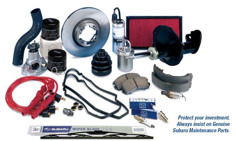 Subaru maintenance parts - fuel filters, engine drive belts, brake pads, copper spark plugs, platinum spark plugs, wiper blades, winter blades