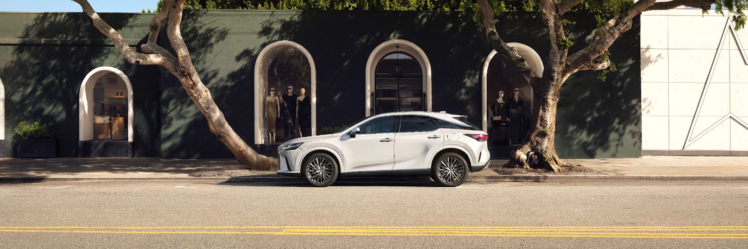 Lexus RX Hybrid side view of a white Lexus RX Hybrid parked on the side of a street