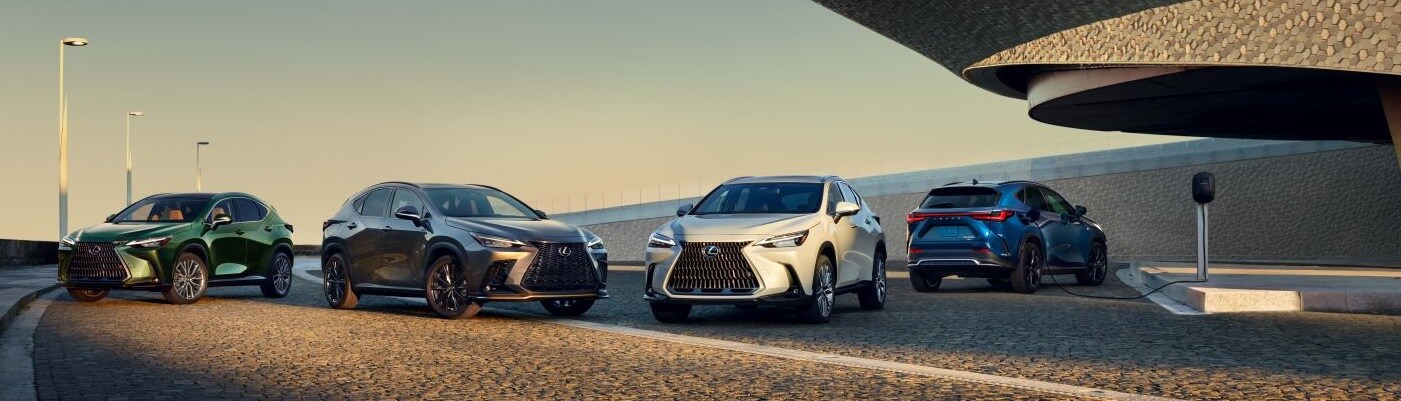 Lexus Hybrid and PHEV NX Lineup Lexus NX Models parked together near a charging station