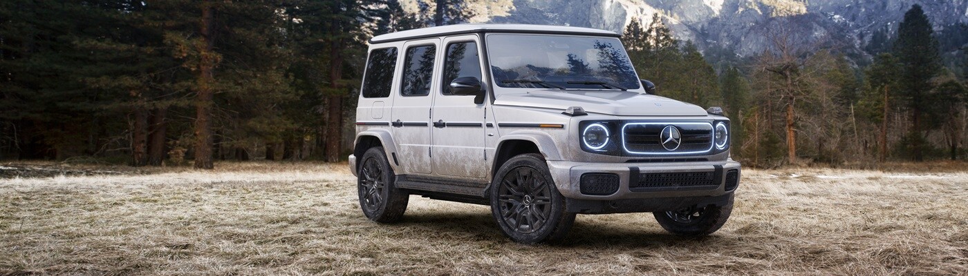 Mercedes-Benz G-Class White Mercedes-Benz G-Class parked in a forest