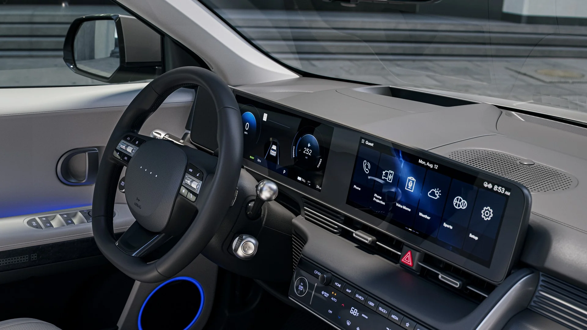 2026 Hyundai IONIQ 5 dual 12.3-inch touchscreen and digital instrument cluster showing power usage readout