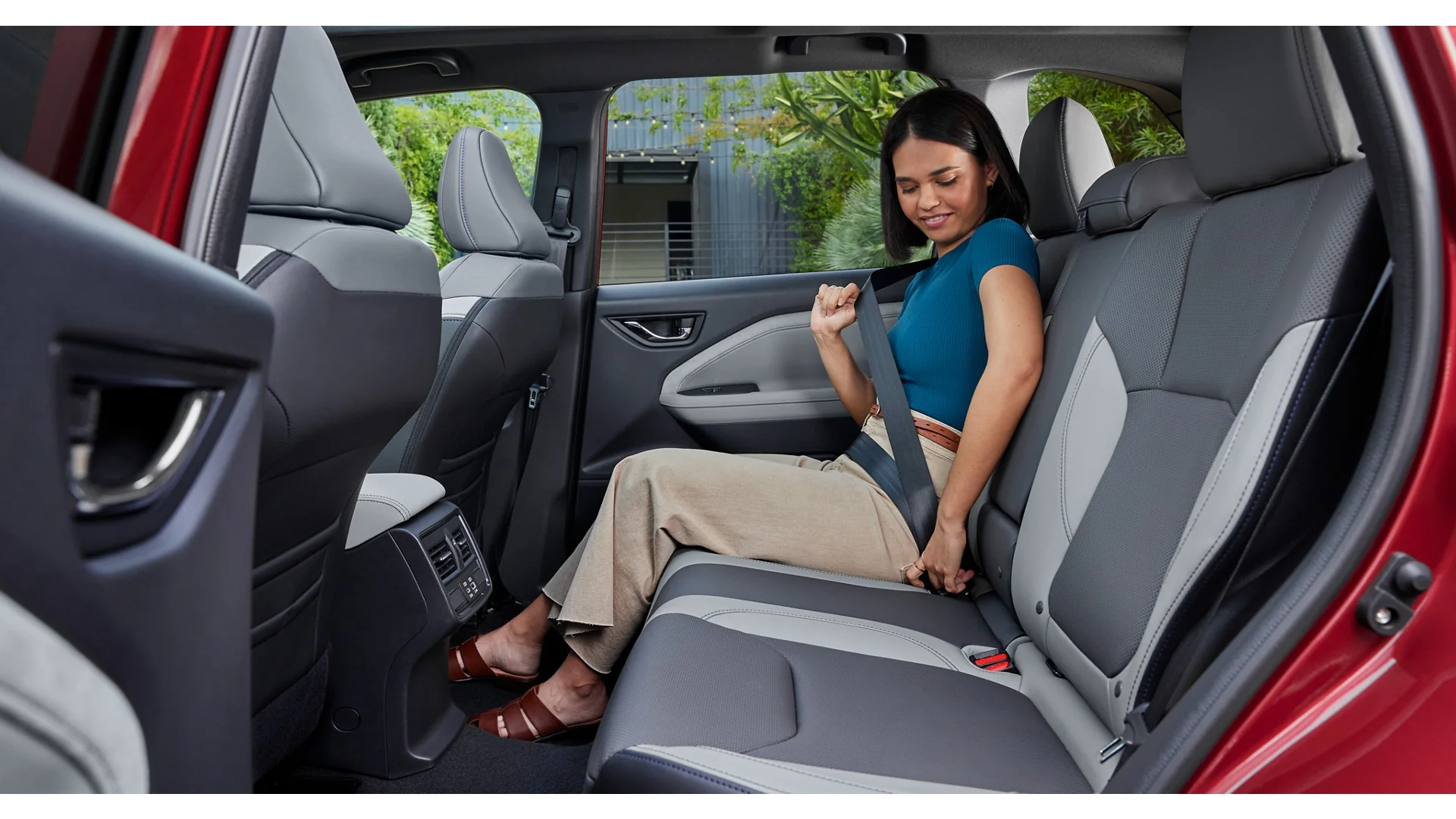 Subaru Forester interior with leather seating and the center touchscreen