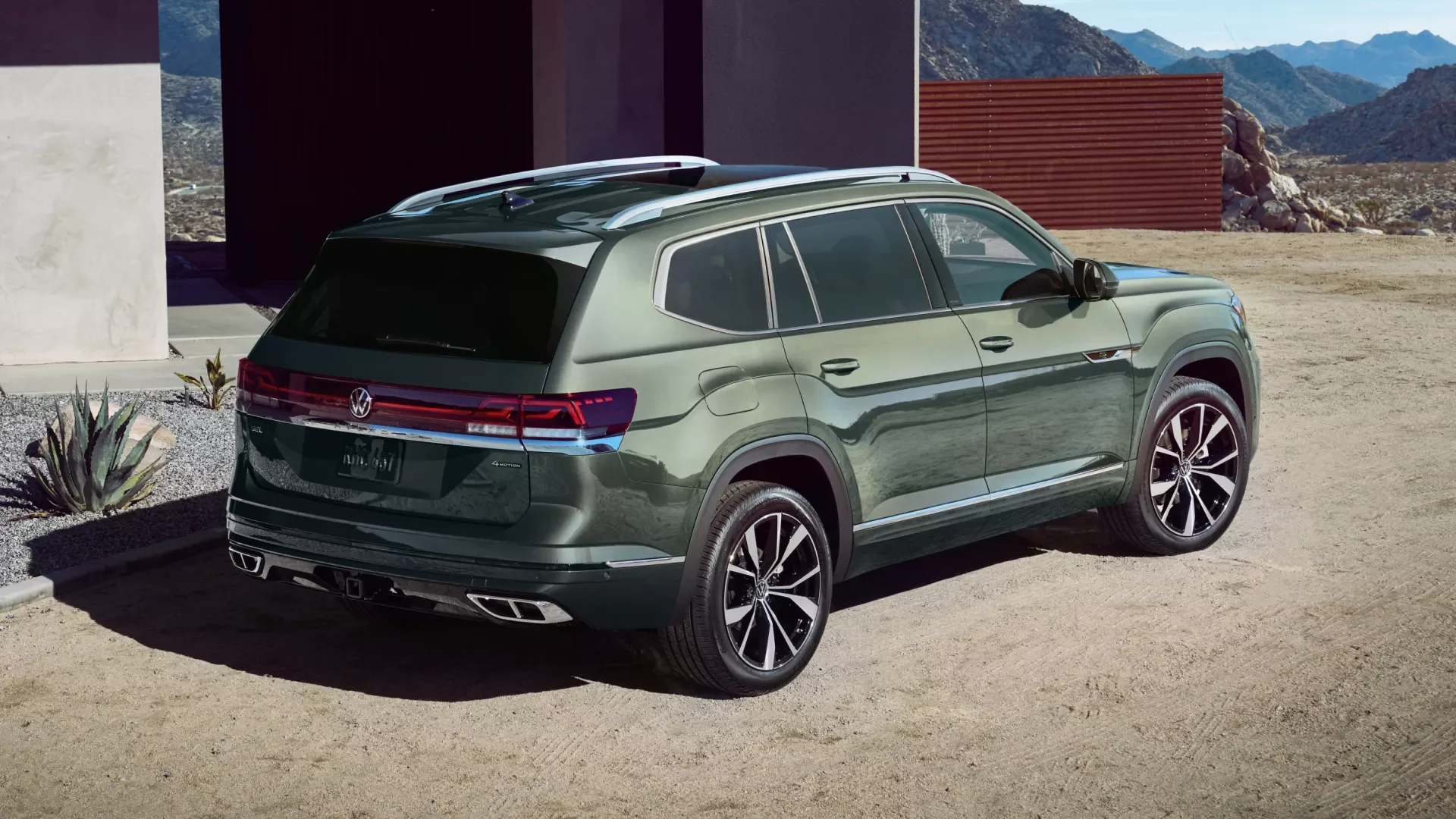 2026 Volkswagen Atlas in avocado green parked rear view