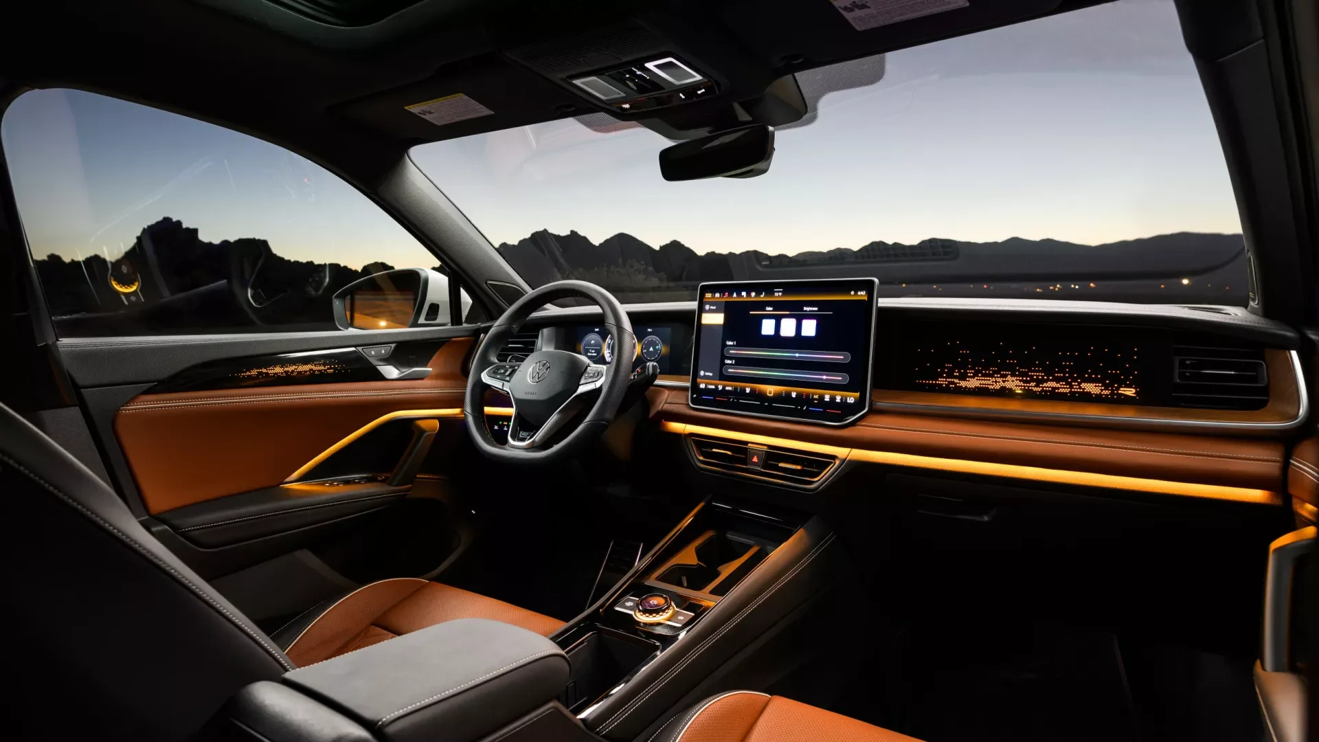2026 Volkswagen Tiguan interior, amber brown leather seating and cockpit view