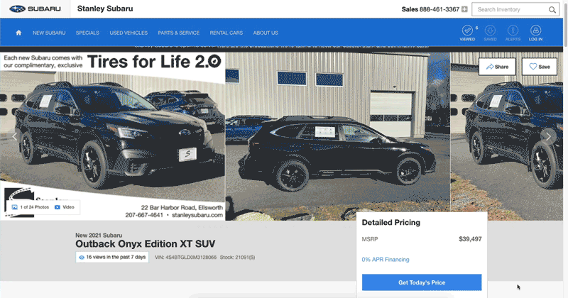 gif of a vehicle display page scrolling down to the financing options