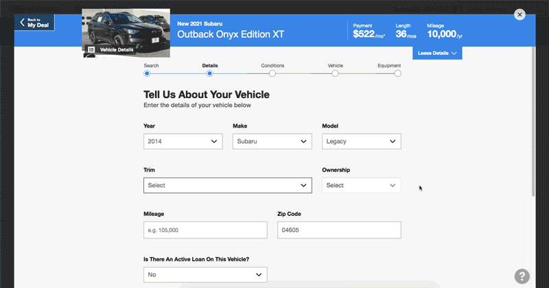 gif showing how to enter vehicle details