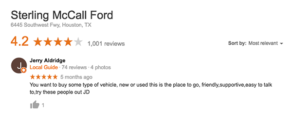 5 Star Testimonial Review From Sterling McCall Ford Customer