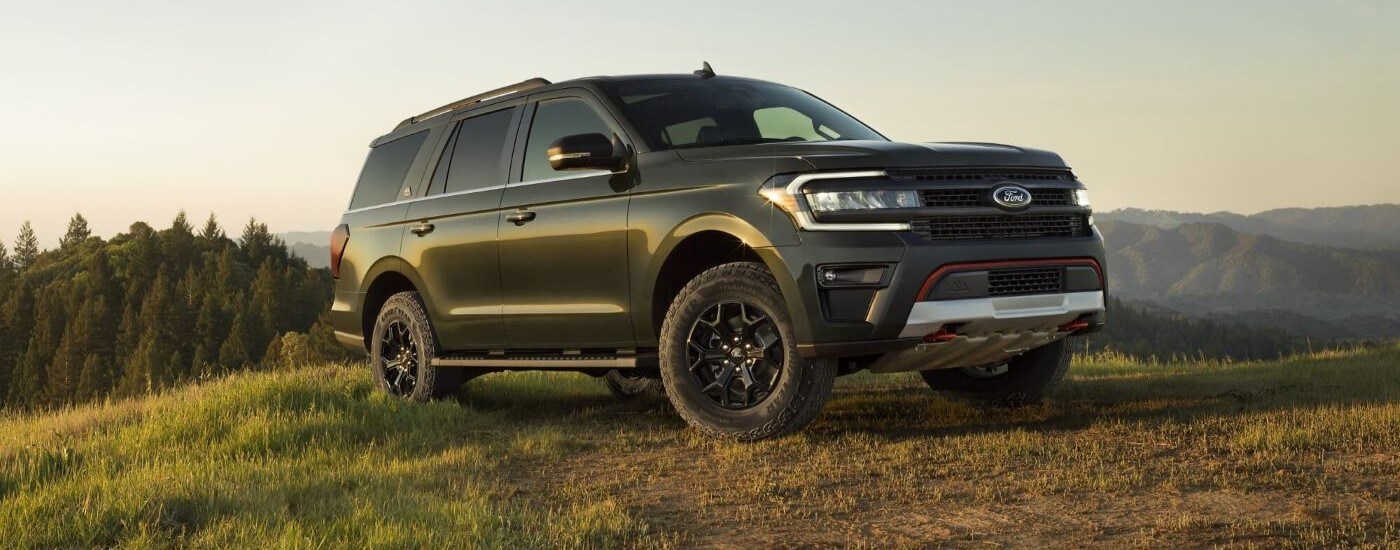 Used%20Ford%20Dealer%20Near%20Jackson%20-%202023%20Ford%20Expedition%20Timberline%20-%20Grass.jpg Green 2023 Ford Expedition Timberline parked on a grassy hill.