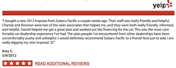 Yelp review about Subaru Pacific