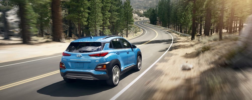 2020 Blue Hyundai Kona Ultimate on Highway