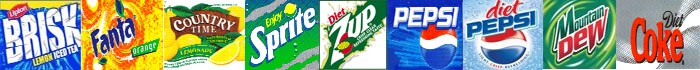 Lipton Brisk Lemon Iced Tea, Fanta Orange, Country Time Lemonade, Sprite, Diet 7 up, Pepsi, Diet Pepsi, Mountain Dew, Diet Coke