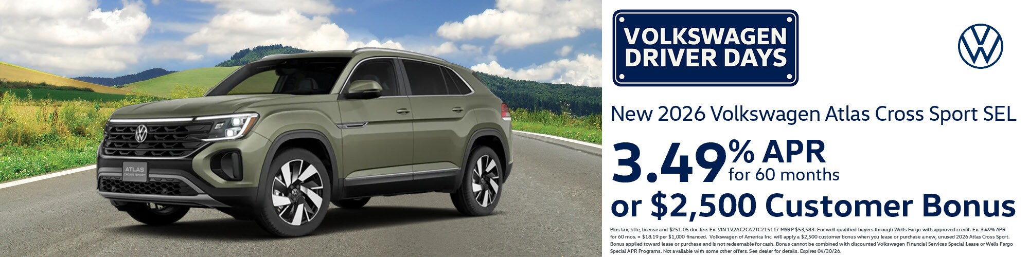 Get a new 2026 Volkswagen Atlas Cross Sport SEL with 3.49% APR for 60 months or $2,500 Customer Bonus