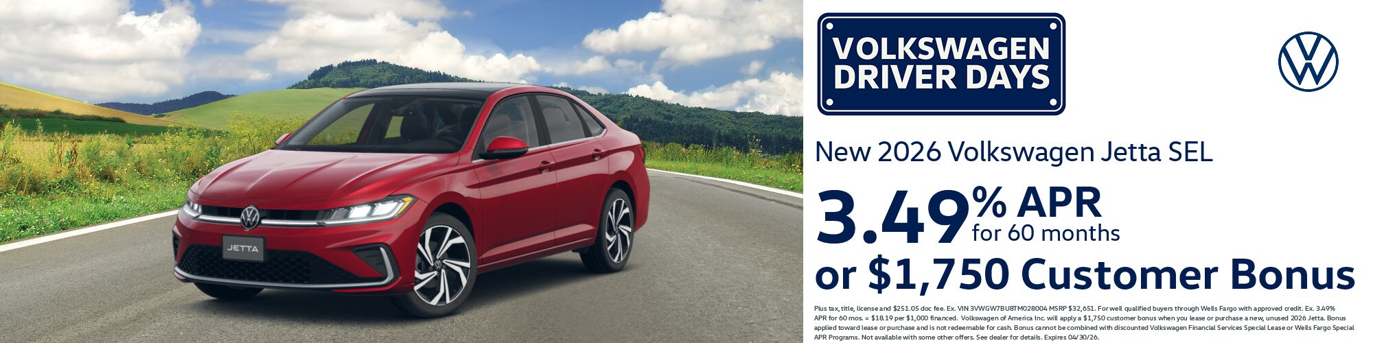 Get a new 2026 Volkswagen Jetta SEL with 3.49% APR for 60 months or a $1,750 Customer Bonus