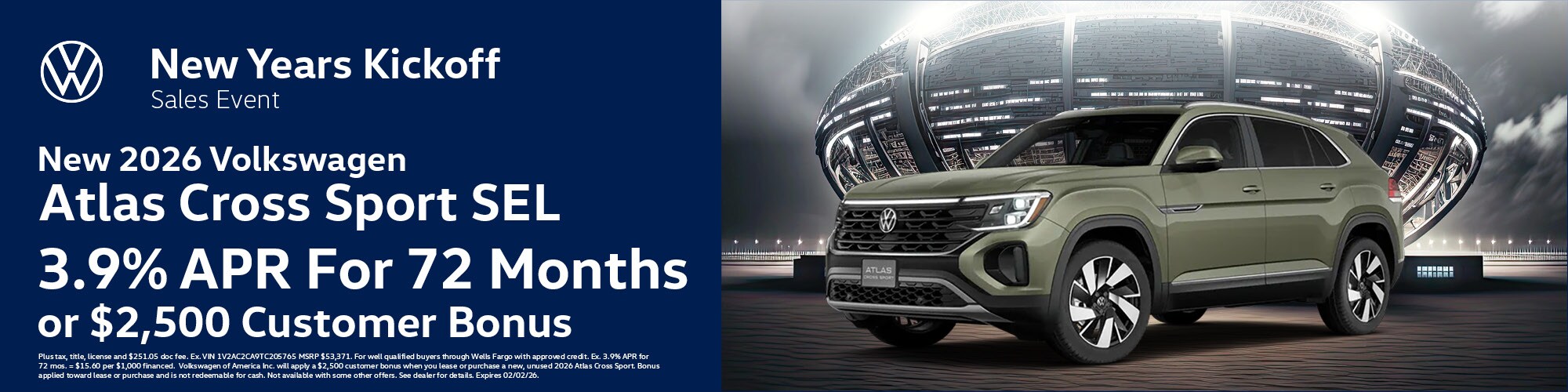 Get a new 2026 Volkswagen Atlas Cross Sport SEL with 3.9% APR for 72 months or $2,500 Customer Bonus