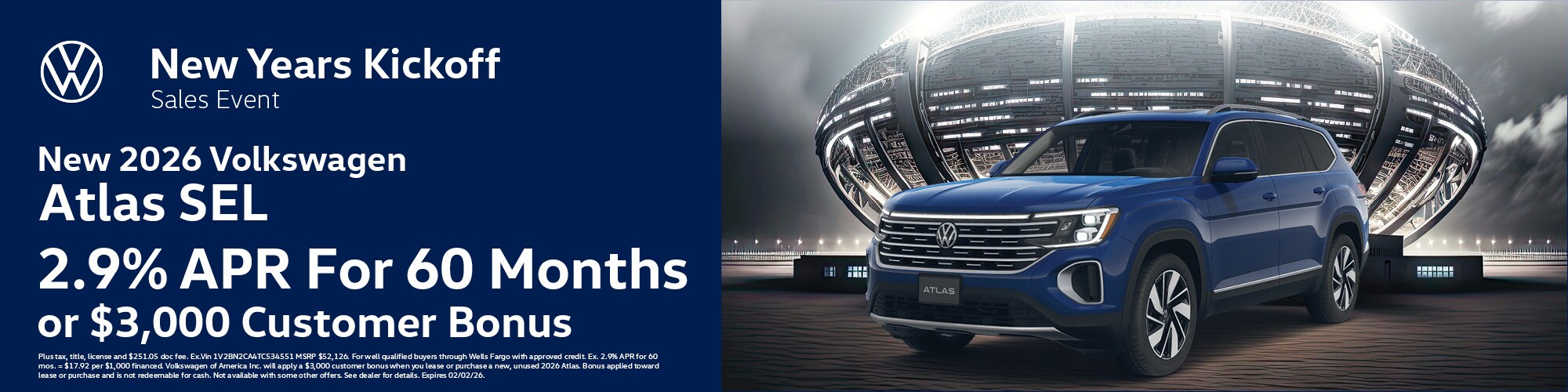 Get a new 2026 Volkswagen Atlas SEL with 2.9% APR for 60 months or $3,000 Customer Bonus