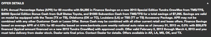 Toyota Tundra 0% APR Financing Disclaimer