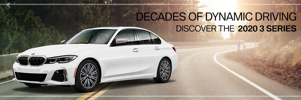 White BMW 3 Series PNG turned at an angle on a winding road. Decades of dynamic driving. Discover the 2020 3 Series