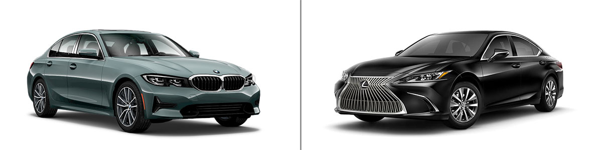 Teal BMW 3 Series PNG at an angle and Black Lexus ES 350 PNG at an angle