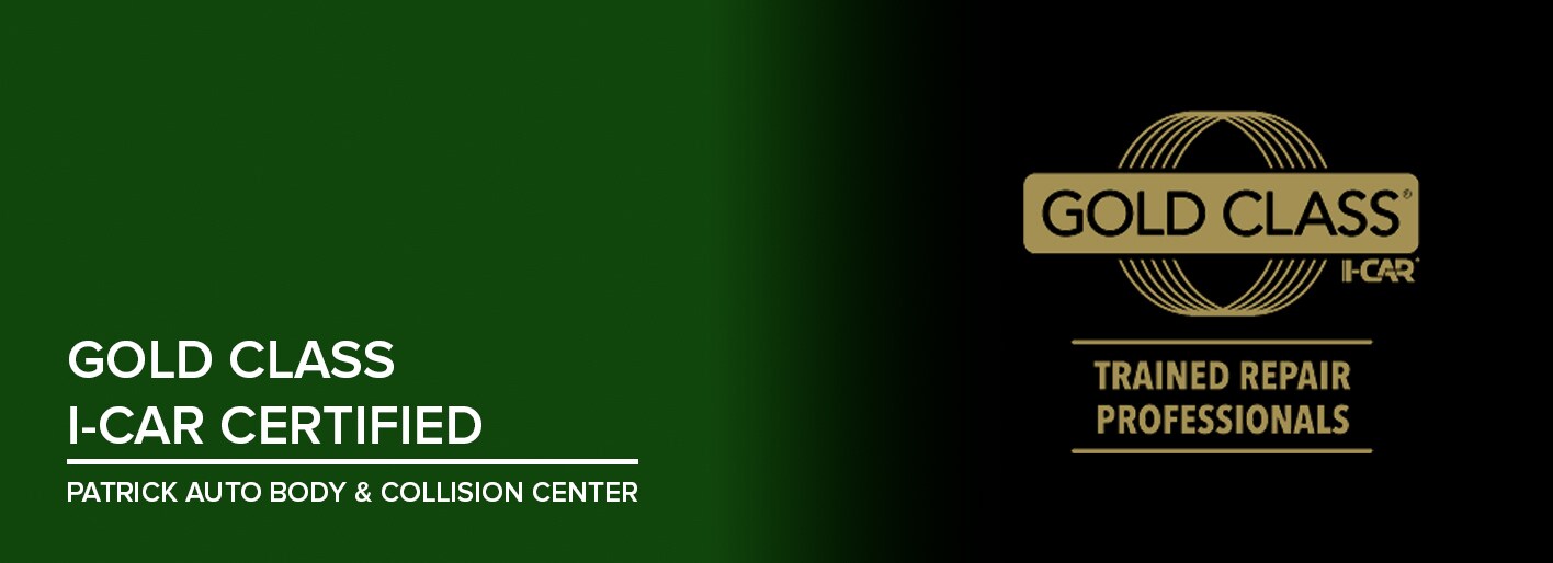 Gold Class I-CAR Certified logo indicating Patrick Collision Center's recognition for meeting industry standards in training and repair excellence.