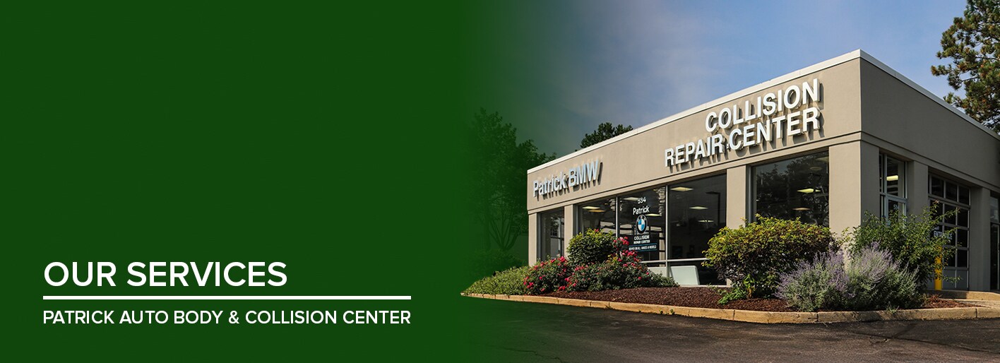 auto repair services offered at Patrick Collision Center, including collision repair, paintless dent removal, frame straightening, aluminum body repair, paint refinishing, and electric vehicle certified repairs.