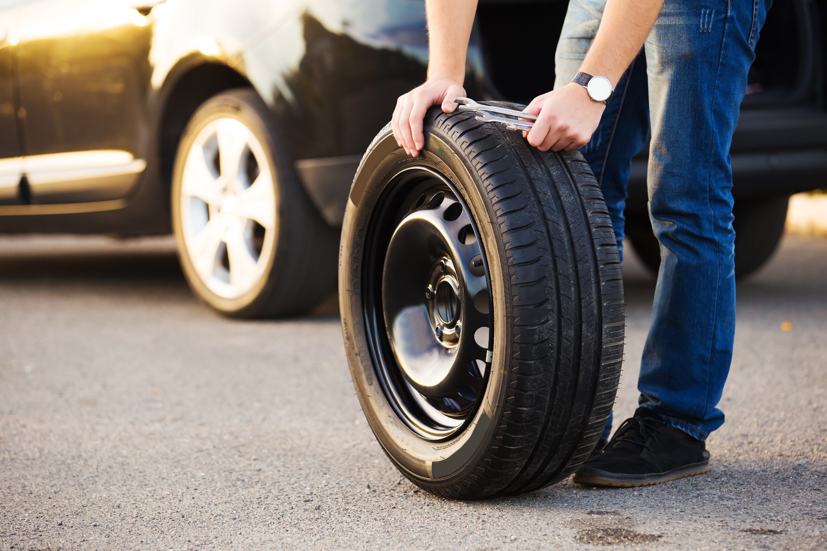 Spare tire underneath a car