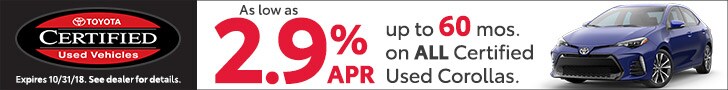 As low as 2.9% APR up to 60 months on ALL Certified Used Corolla Models