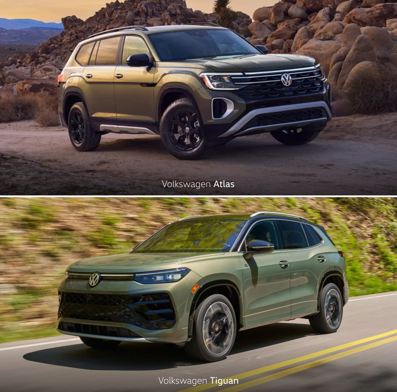 Comparison of the Volkswagen Atlas and Tiguan in outdoor settings, with the Atlas parked in a rocky desert landscape and the Tiguan driving on a scenic road.