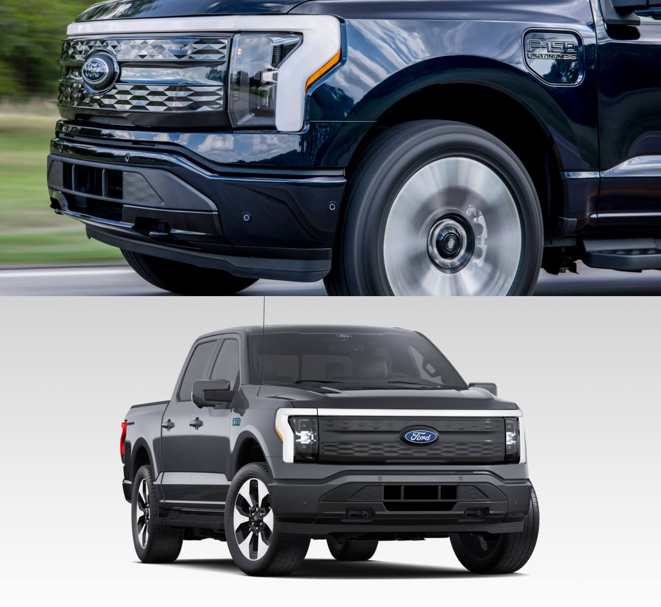 Ford F-150 Lightning electric pickup truck showing front grille detail and full vehicle exterior