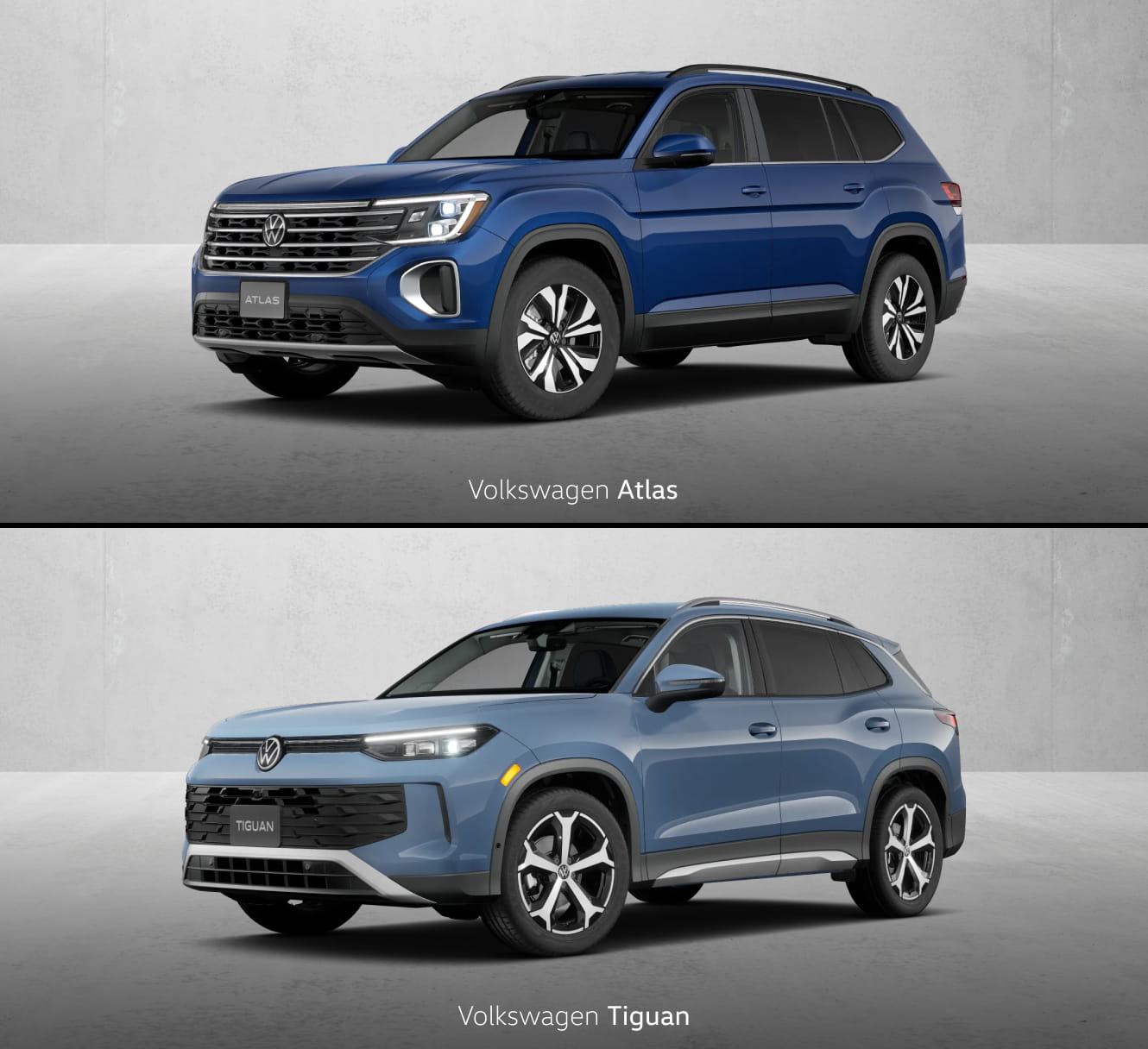 Comparison of the Volkswagen Atlas and Tiguan on a light gray studio background.