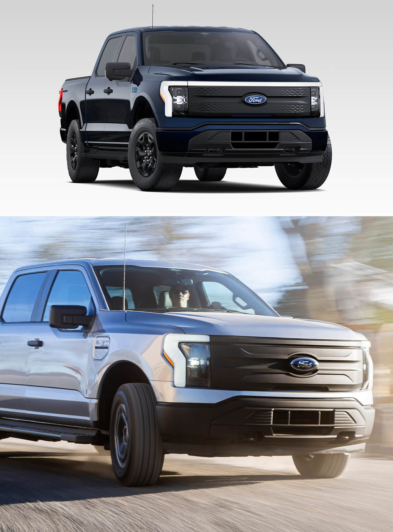 Black and white Ford F-150 Lightning electric trucks