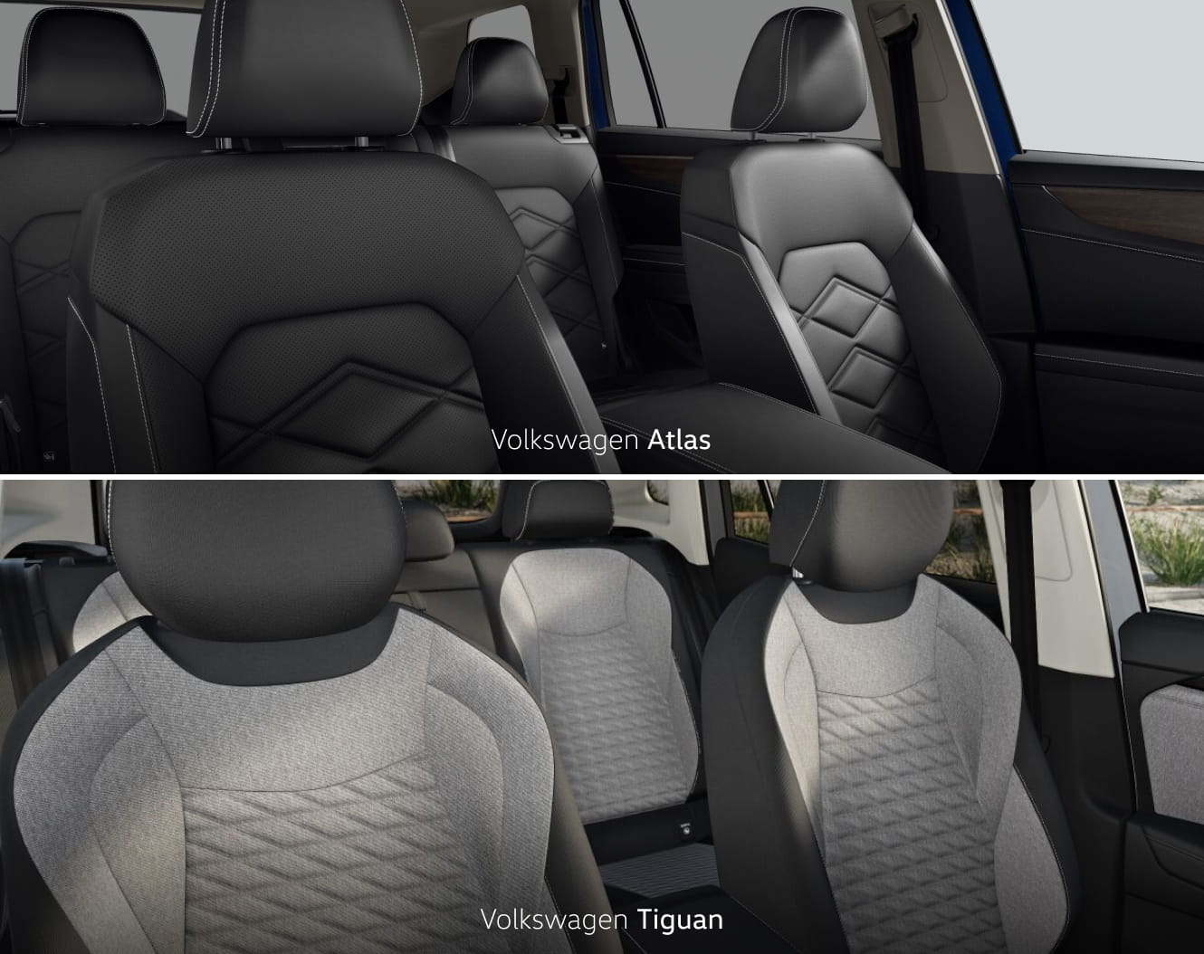 Comparison of the Volkswagen Atlas and Tiguan front seats, highlighting the Atlas black leather upholstery and the Tiguan's two-tone gray cloth seats.