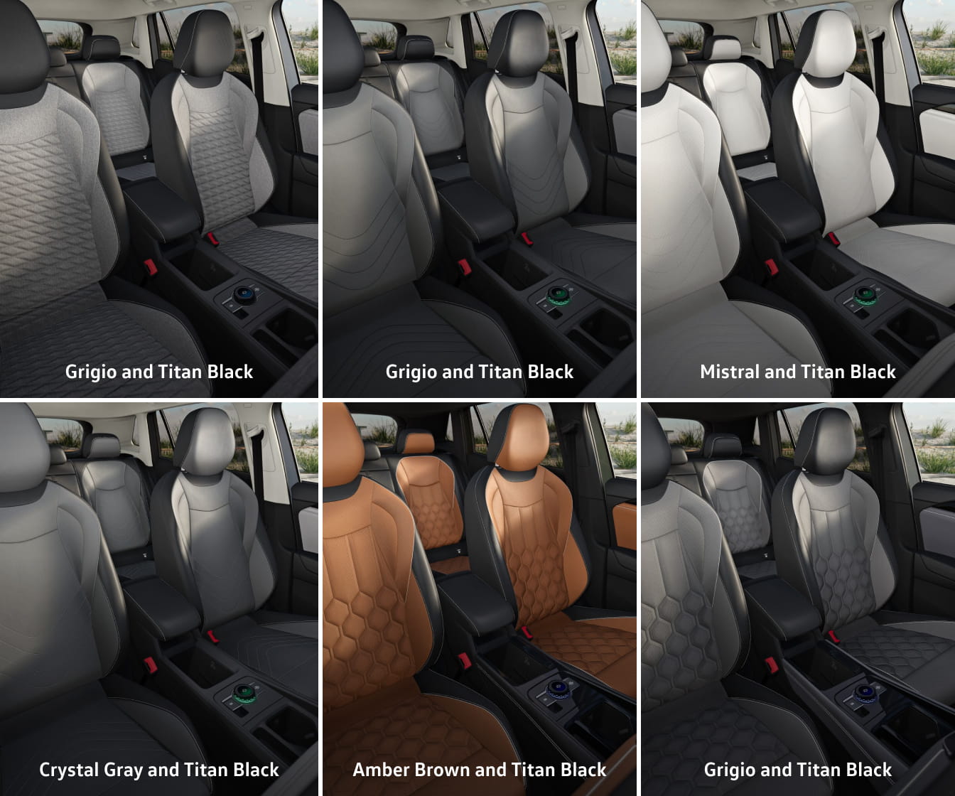 Array of six Volkswagen Tiguan interiors, showing various seat color combinations: Grigio, Titan Black, Mistral, Crystal Gray, and Amber Brown. Luxurious and modern.