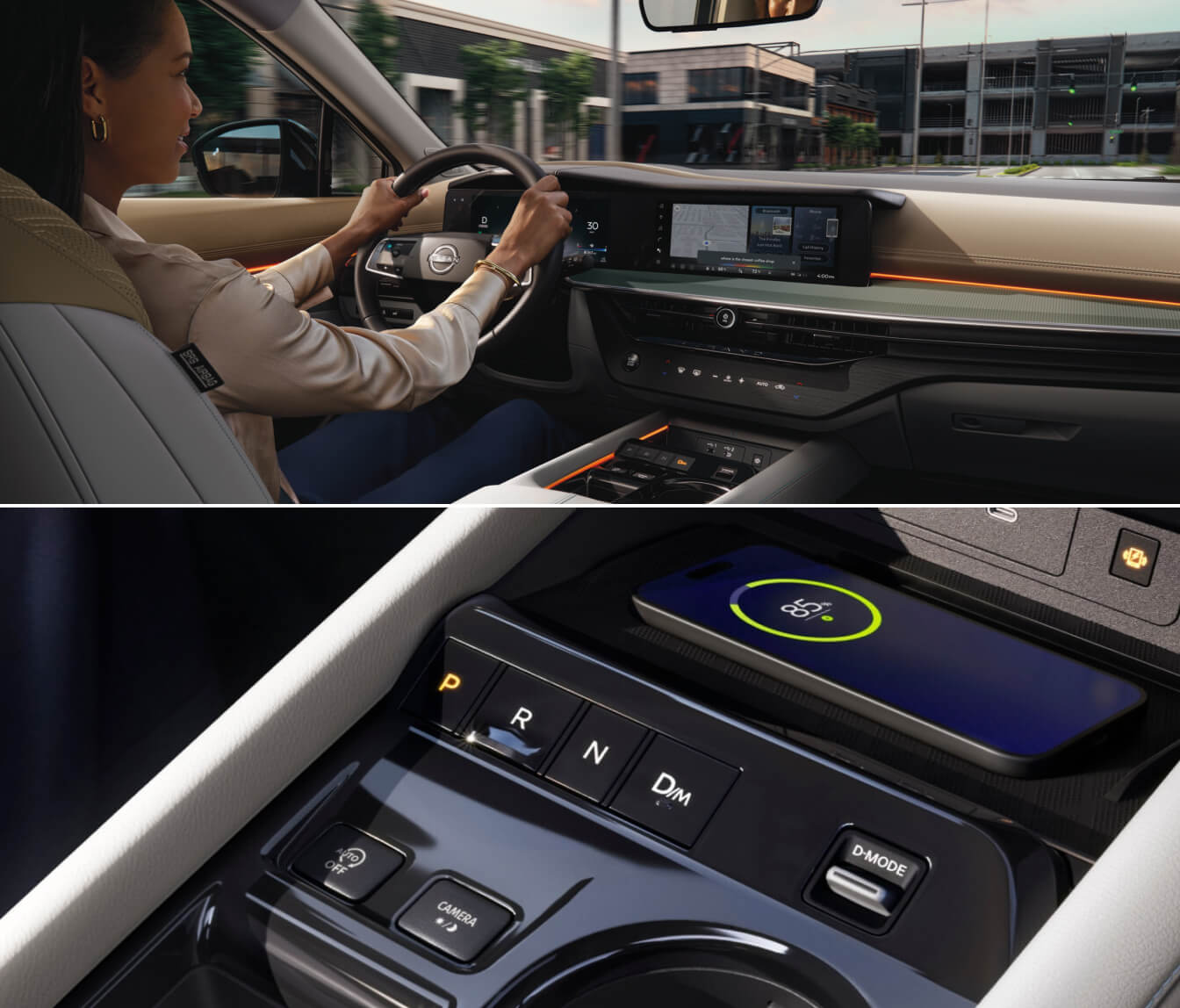 Woman driver testing 2025 Nissan Murano interior controls and infotainment system during vehicle demonstration