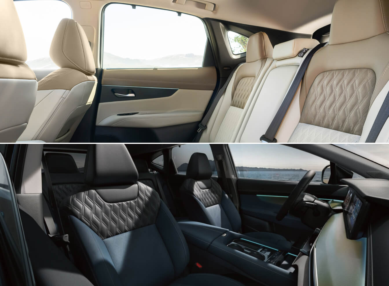 Comparison of the 2025 Nissan Murano SUV quilted leather seats in cream and dark blue