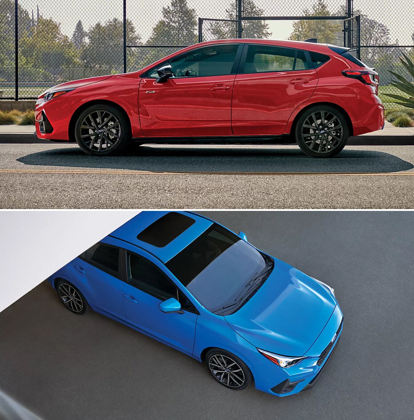 Red and blue Subaru Impreza cars side profile and aerial view