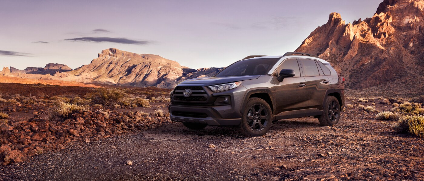 2020 Toyota RAV4 in black parked in desert mountians off road during the day